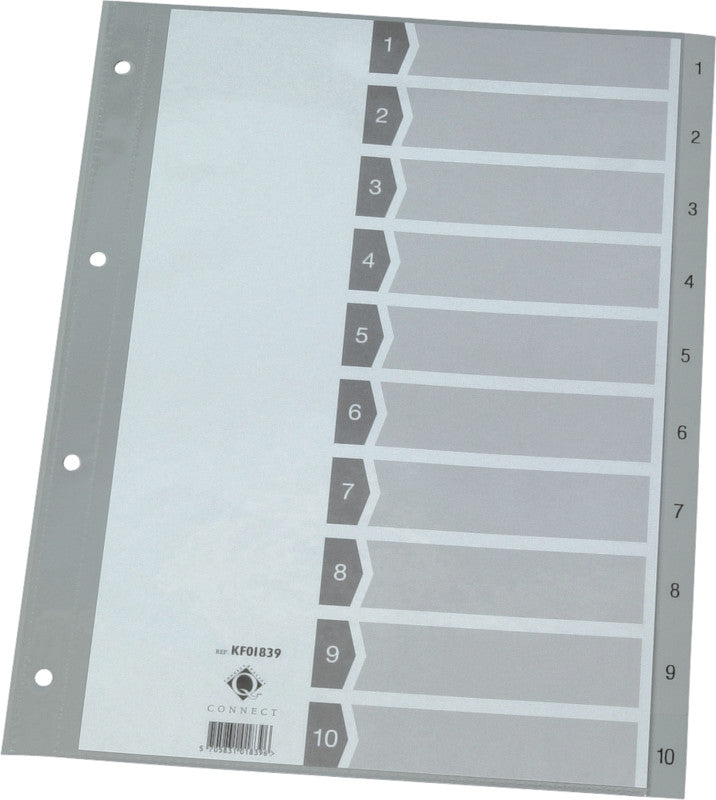 Q-connect Register – A4, 10-teilig, PP, grau, vorgedruckt, 4-fach gelocht, für A4-Ordner