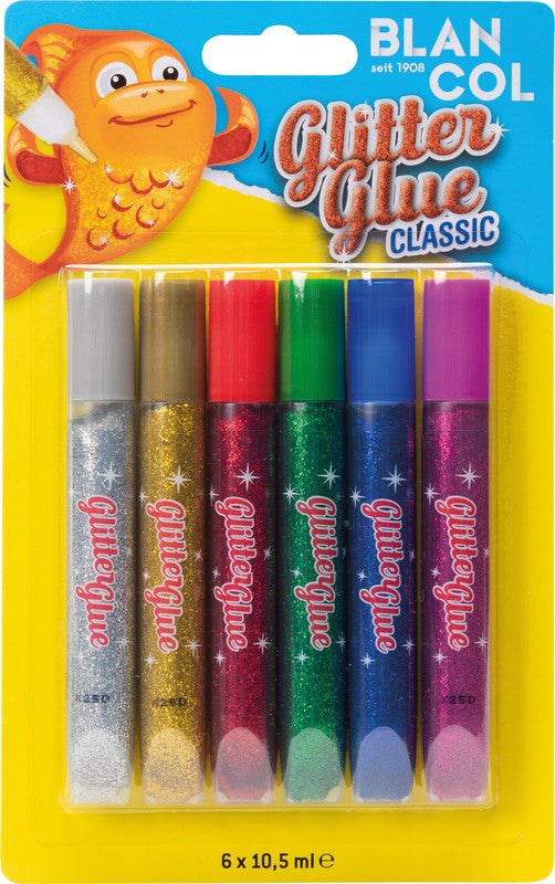 BLANCOL Glitzerkleber Classic – farbig sortiert – Set 6 × 10,5 ml – auswaschbar, lösungsmittelfrei