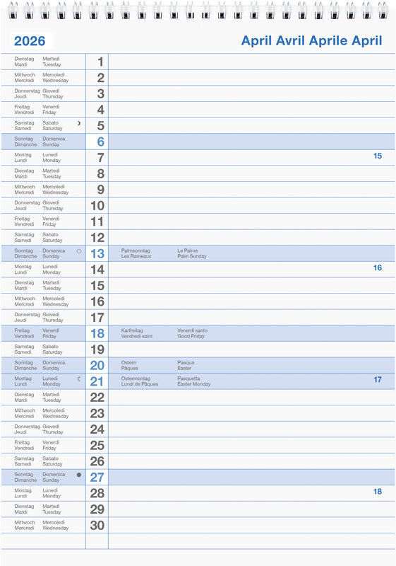 Biella Wandkalender – viersprachig D/F/I/GB – 2026 – Spiralbindung – 21 × 29,7 cm