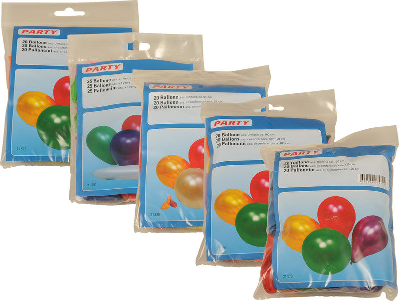Party Ballone aus Kautschuk, sortiert, Umfang 280 mm und 750 mm, 25 Stück, mit Ventil