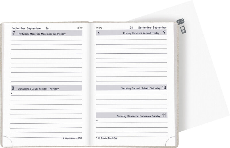 Biella Tell Agenda – 2 Tage pro Seite, gebunden, 8,5 × 12,5 cm, 2027, mehrsprachig, beige, FSC
