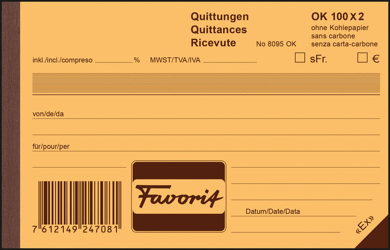 Favorit Formularblock – Quittungen, mehrsprachig, 100 Blatt, A6, selbstdurchschreibend