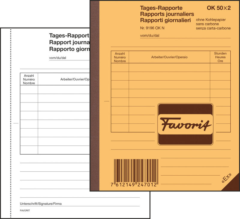 Favorit Formularblock – Tages-Rapporte, mehrsprachig, 50 Blatt, A6
