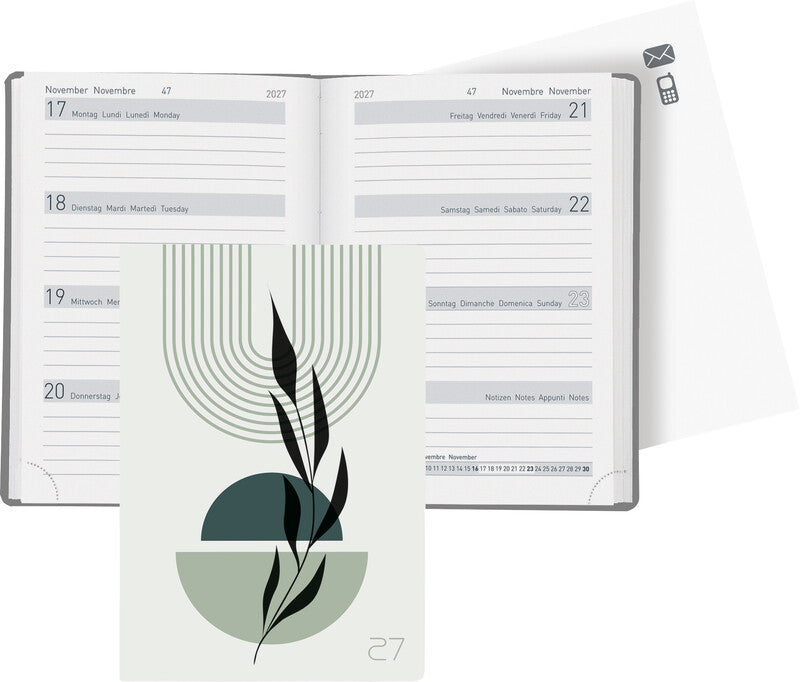 Biella Memento Trend Agenda – 1 Woche/2 Seiten, gebunden, 10,1 × 14,2 cm, 2027, Geometrisch, FSC