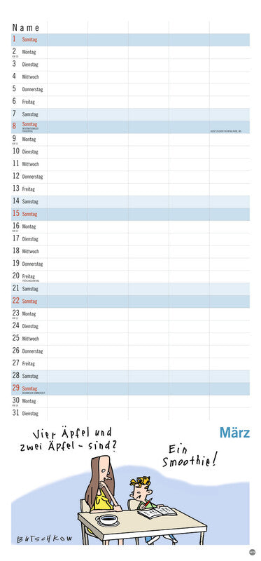 Heye Familienplaner Butschkow – für Familien – 5 Spalten – Deutsch – 2026 – Spiralbindung, Aufhänger – 21 × 45