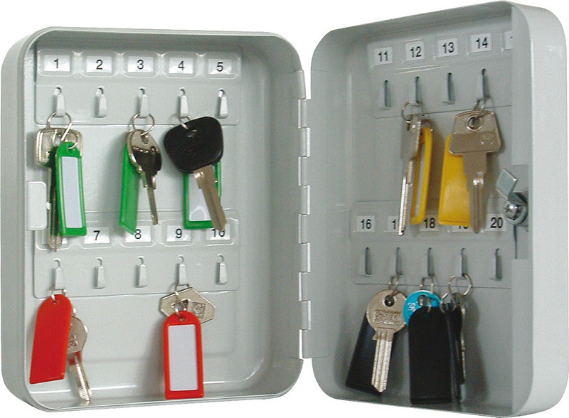 Rieffel Schlüsselkasten VT-SK-20, 20 Haken, Zylinderschloss, Stahlblech, grau – B 160 × H 200 × T 80 mm