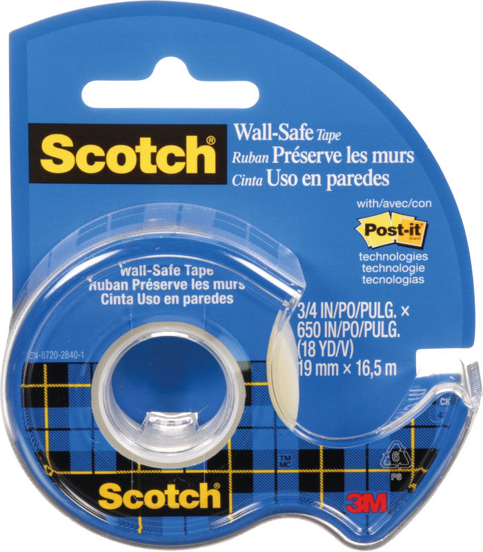 Scotch Klebeband Wall-Safe – mit Abroller, wiederablösbar, matt, Kunststoff, 19 mm × 16,5 m, transparent