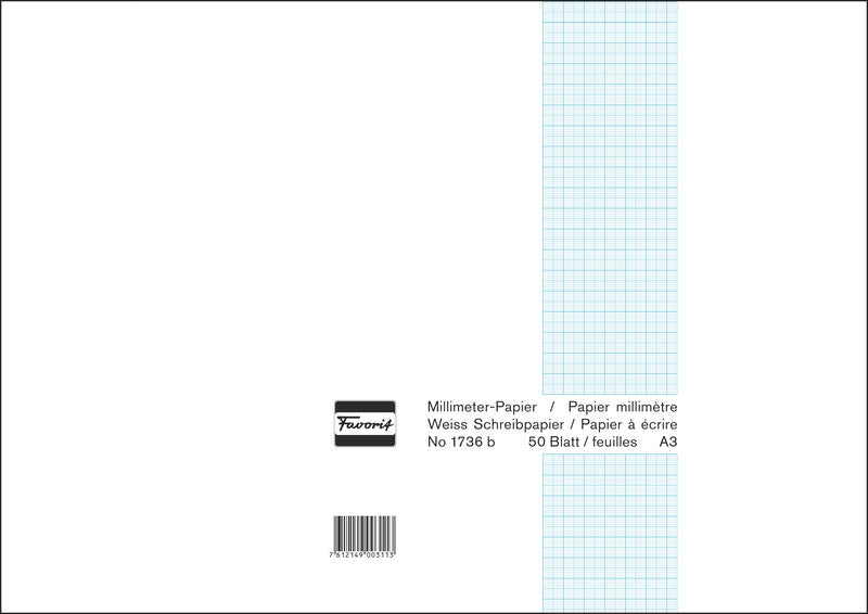 Favorit Millimeterpapier-Block A3 – blaues Raster, einseitig, 80 g/m², 50 Blatt
