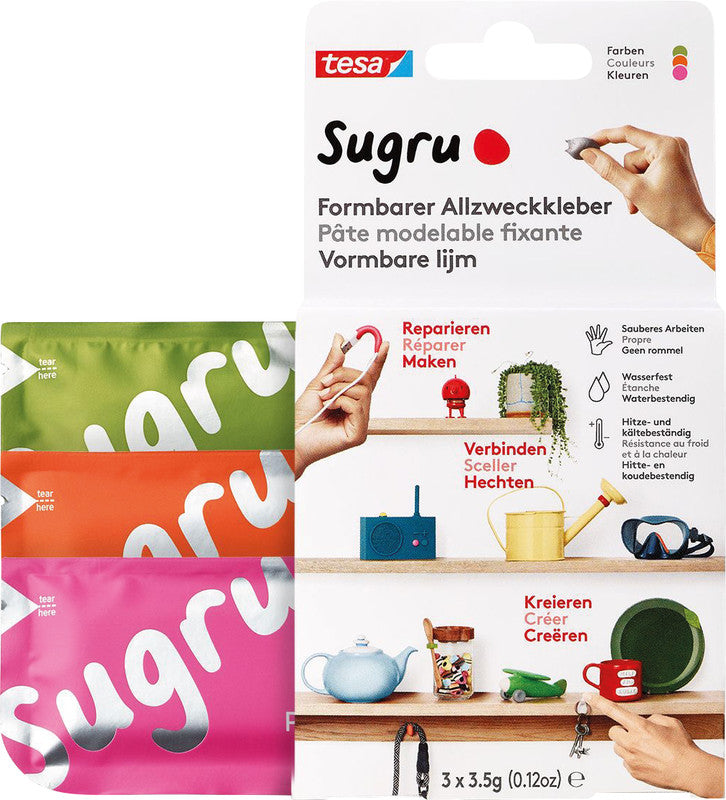 Tesa Sugru Vielzweckkleber (formbar) – wasserfest, für Metall, Holz, Glas, 3×3,5 g, −40 bis +180 °C