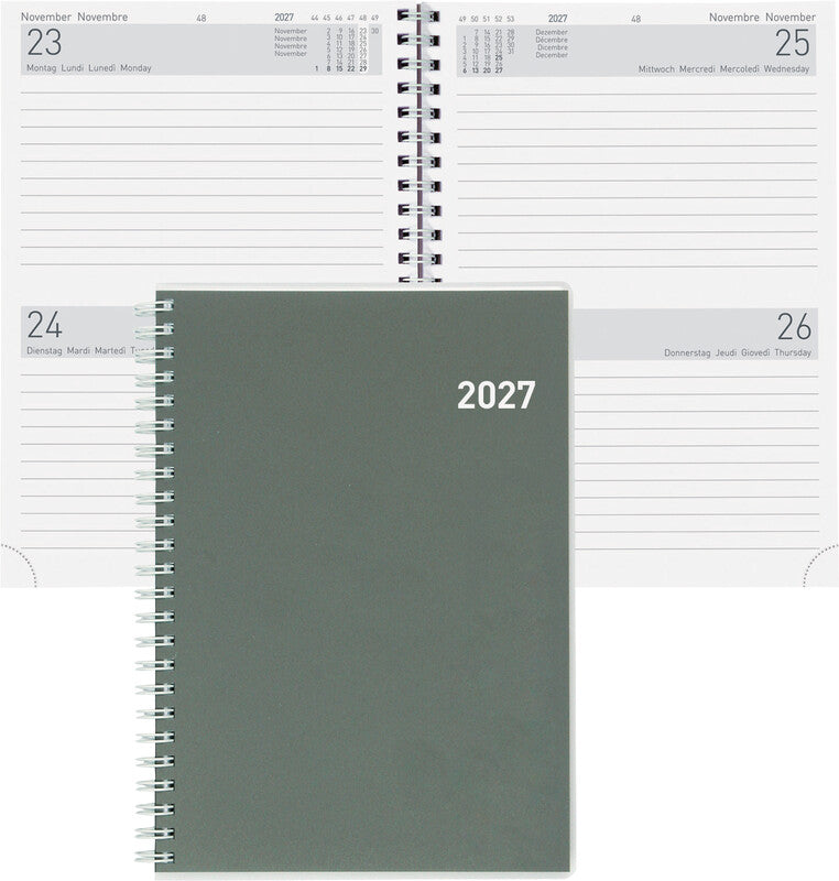Biella Agenda – 2 Tage pro Seite, Spiralbindung, 14,5 × 20,5 cm, Jan–Dez 2026, grau, FSC