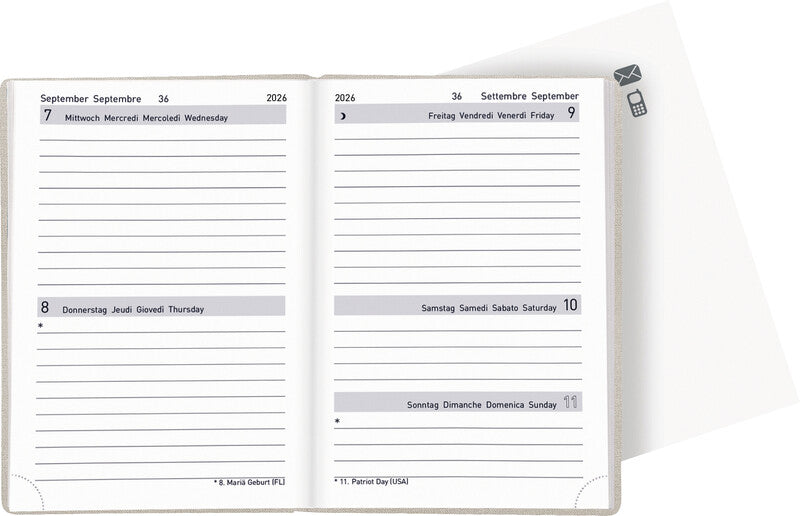 Biella Tell Agenda – 2 Tage pro Seite, gebunden, 8,5 × 12,5 cm, 2026, mehrsprachig, beige, FSC