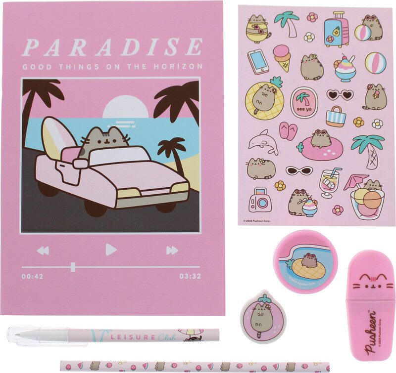 Pusheen Schreibset – 7-teilig – mit Kugelschreiber, Bleistift, Textmarker – im Etui – mehrfarbig