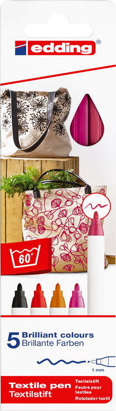 Edding Textil-Marker – sortiert (schwarz, rot, orange, pink, karminrot), 5er