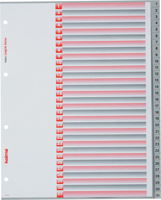 Kolma LongLife XL Register – 31-teilig, PVC, grau, vorgedruckt, 4-fach Lochung, für A4 hoch überbreit