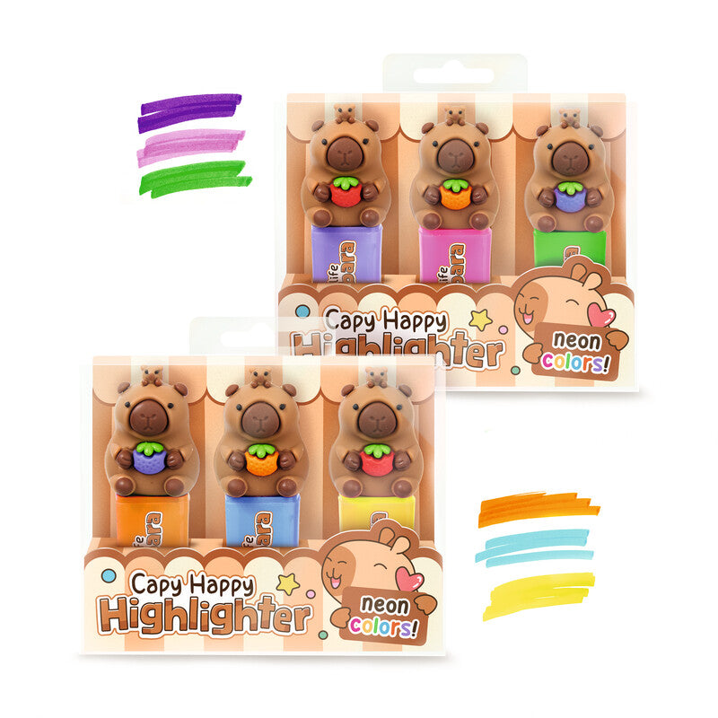 Trendhaus Capybara Happy Life Textmarker Set 3 Farben – Keilspitze, 4 mm