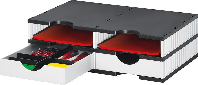 Styro Briefkorb – mit Griffausschnitt, mit Beschriftungsfeld, weiss/schwarz, B 485 × H 153 × T 331 mm