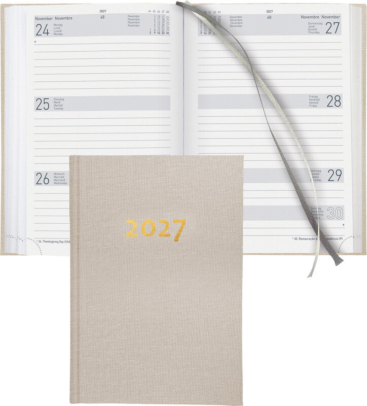 Biella Dispo Term Geschäftsagenda – 1 Woche/2 Seiten, gebunden, 14,5 × 20,5 cm, 2027, Beige, FSC
