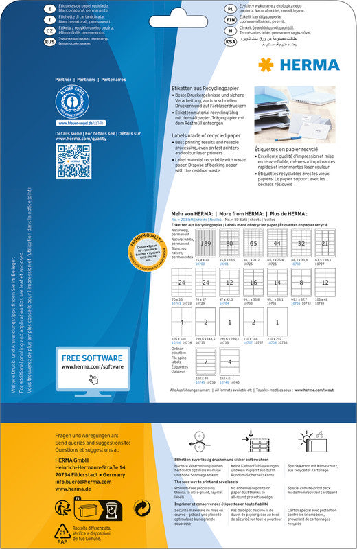 HERMA Bogenetiketten, 97 mm × 42 mm, naturweiss, Altpapier, permanent, 20 Blatt (240 Etiketten)