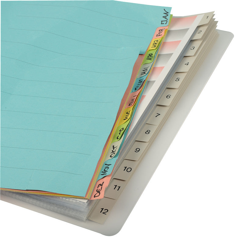 Kolma Register – A4 überbreit, 12-teilig, PVC, grau, vorgedruckt, 4-fach Lochung, für Zeigebuchtaschen
