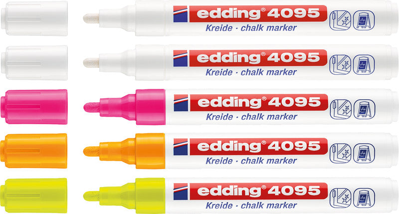 Edding Kreidemarker 4095 – Rund, 2–3 mm – 5er-Set, Farben sortiert (weiss×2, neongelb, …)