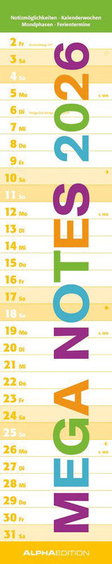 Alpha edition Mega Notes – Monatsplaner 2027, 1 Monat/1 Seite, 15 × 90 cm, Spiralbindung, mehrfarbig
