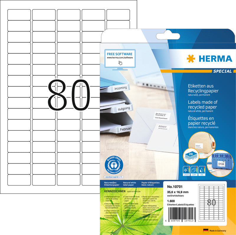 HERMA Etiketten, 36 mm × 17 mm, naturweiss, Altpapier, permanent, 20 Blatt (1600 Etiketten)