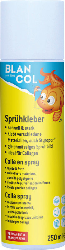 BLANCOL Sprühkleber – Sprühdose, permanent, transparent, tropffrei, 250 ml, für Karton, Metallfolien u. a.