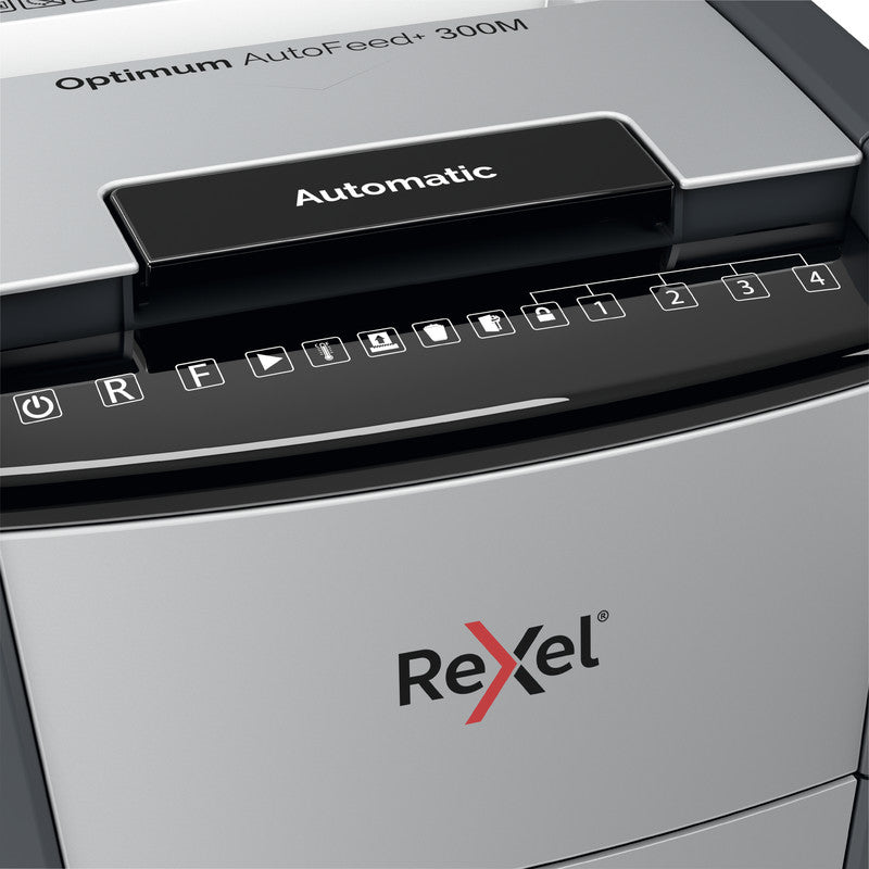 Rexel Optimum AutoFeed+ 300M – Aktenvernichter mit Autofeed 300 Blatt, DIN P-5, Mikroschnitt 2 × 15 mm, 60 l