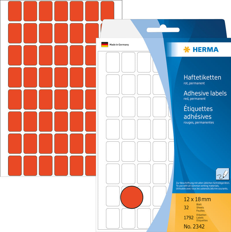 HERMA Haftetiketten – rechteckig 12 × 18 mm, stark haftend, rot, Papier, 32 Blätter (1'792 Stk.)