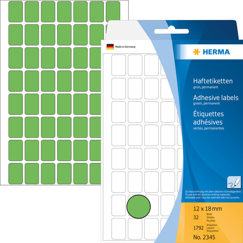 HERMA Haftetiketten – rechteckig 12 × 18 mm, stark haftend, grün, 32 Blatt (1'792 Stk.)
