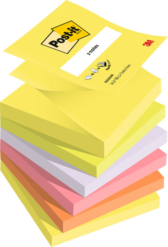 3M Post-it Haftnotizen Z-Notes – 76×76 mm – sortiert, 6×100 Blatt, Z-Faltung, PEFC