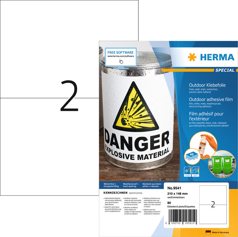 HERMA Drucketiketten, 210 mm × 148 mm, weiss, Folie, extra stark, 40 Blätter (80 Etiketten)