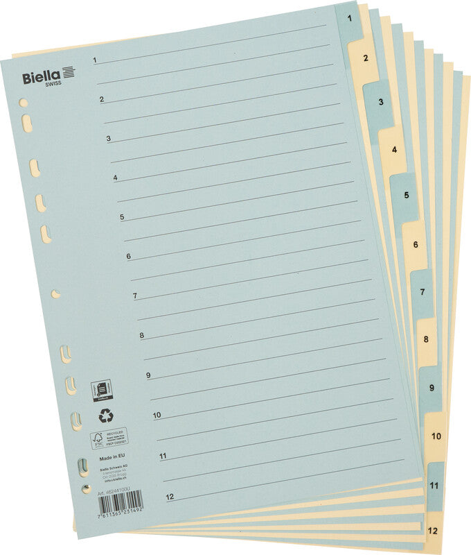 Biella Register – A4, 12-teilig, Karton, farbig, vorgedruckt, Indexblatt, 11-fach gelocht