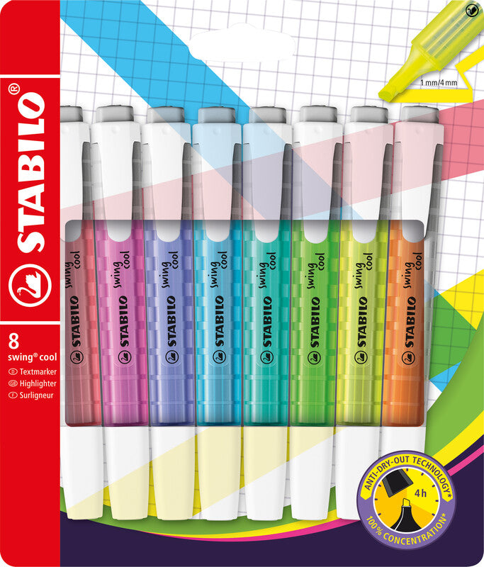 STABILO Textmarker – 8er Set, Farben: Orange/Gelb/Grün …, Keilspitze 1–4 mm