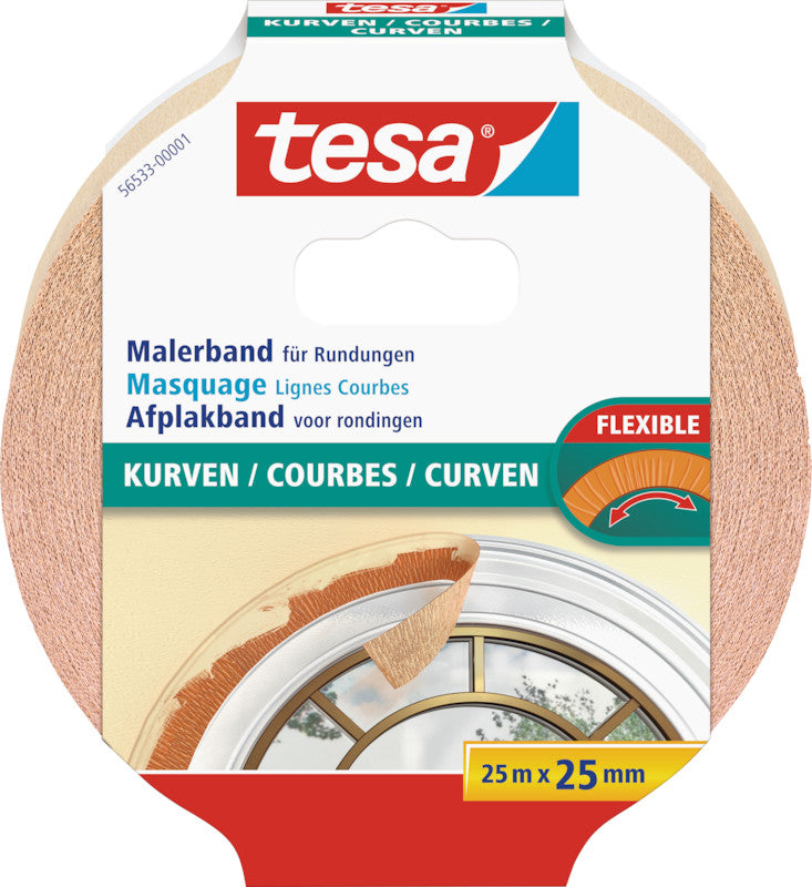 tesa Krepp-Abdeckband – 25 mm × 25 m, beige, für Innenbereich, Kurven, glatte/raue Oberflächen