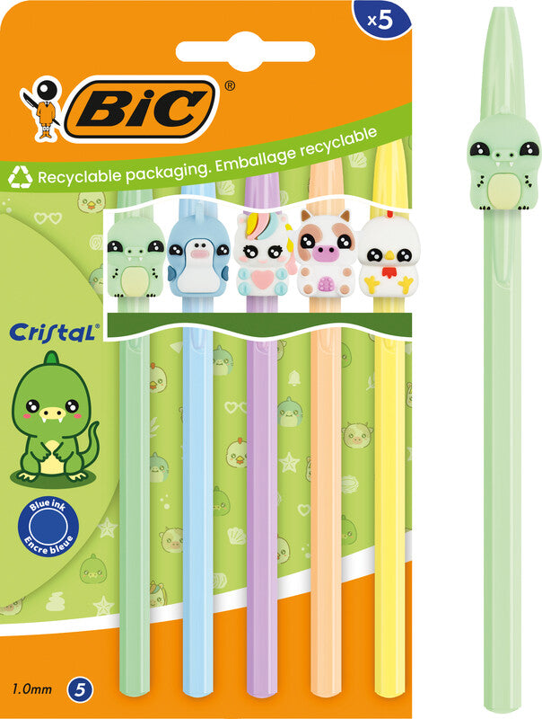 BIC Cristal Figurines Kugelschreiber – 5er Pack, Blau, Spitze 0,32 mm, Deckel