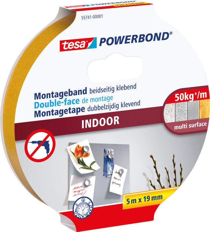 Tesa Powerbond Montageband, stark, für den Innenbereich, für glatte Oberflächen – 19 mm × 5 m, weiss, bis 5 kg/10 cm