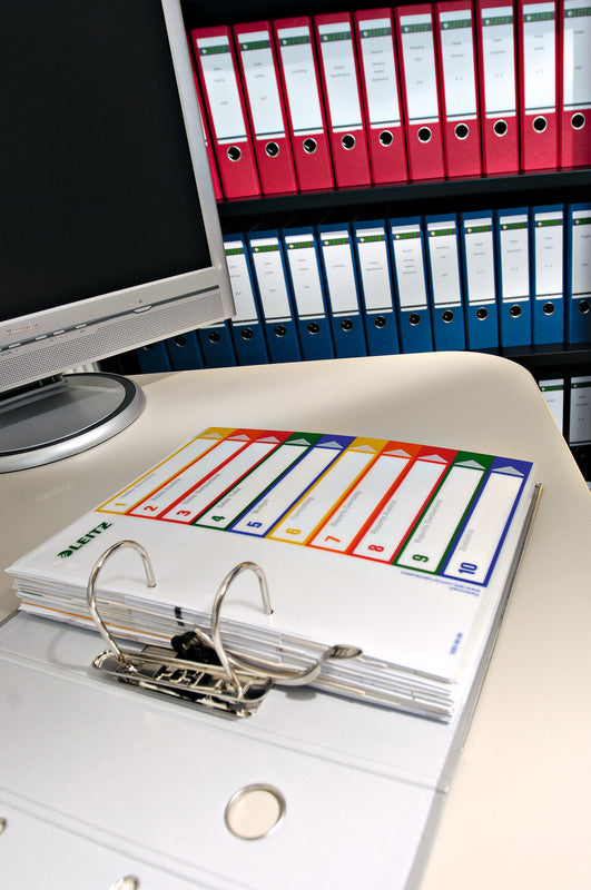 Leitz Register – A4, 10-teilig, PP, farbig, vorgedruckt, 11-fach Lochung, für Zeigebuchtaschen