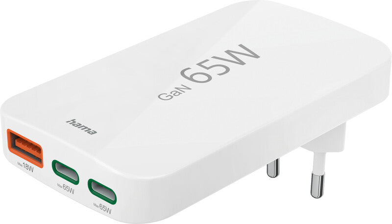 Hama 00201976 USB-Ladegerät 65 W – USB-C×2, USB-A×1 – PD, QC, GaN – für Laptop, Powerbank, Smartphone u. a.