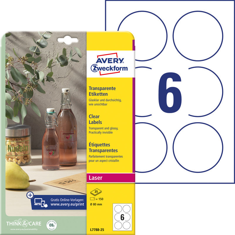 Avery Folienetiketten, Ø 80 mm, Transparent, Folie, Permanent