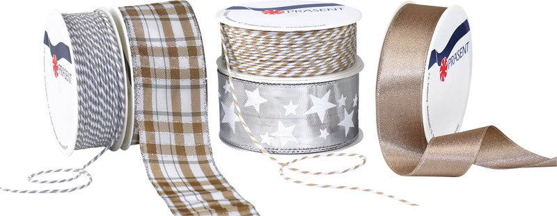 Präsent Geschenkband Christmas Trends – Weihnachten, Silber/Taupe – mit Drahtkante, Seide