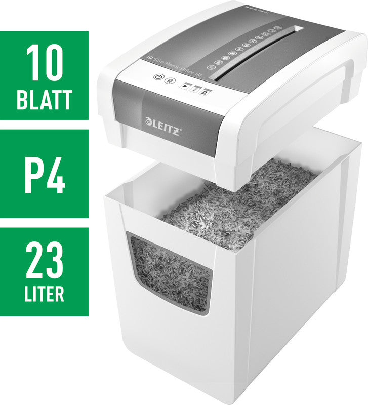 Leitz IQ Slim Home Office – Aktenvernichter, DIN P-4, Partikelschnitt 4 × 28 mm, 10 Blatt, 21 l, A4