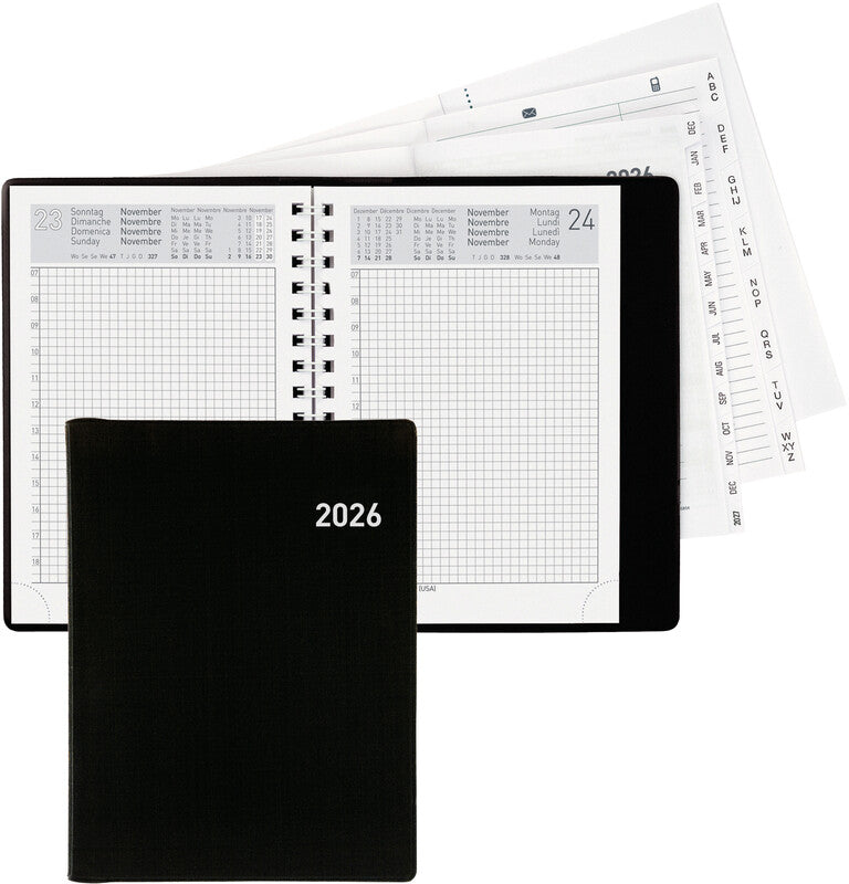 Biella Technikus 4 Agenda – 1 Tag pro Seite, Spiralbindung, 10,1 × 14,2 cm, 2026, 1-h-Takt, Schwarz, FSC