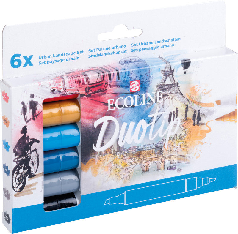 Ecoline Brush Pen Duotip – Keilspitze 6 mm, Rundspitze 1-2 mm – sortiert – 6er-Set – wasservermalbar