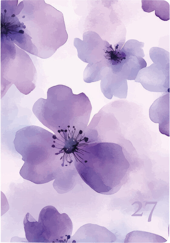 Biella Agenda – 1 Woche/2 Seiten, gebunden, 7,6 × 11 cm, Jan–Dez 2027, Purple Flower, FSC