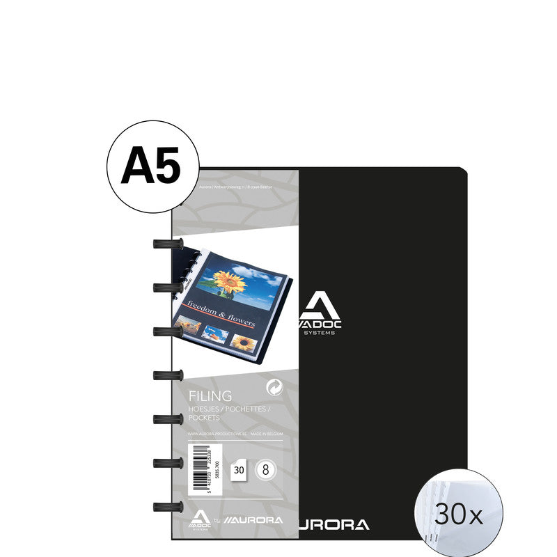 Adoc Bind-Ex Aurora Sichtbuch – 30 Sichttaschen, A5, austauschbar, genarbt, antireflex, schwarz, Kunststoff