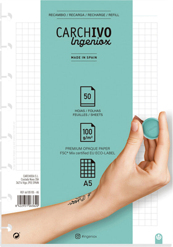 CARCHIVO Notizbuch-Einlagen A5, kariert, spezielle Perforierung, 100 g/m², für Spiralbuch Ingeniox – 50 Blatt