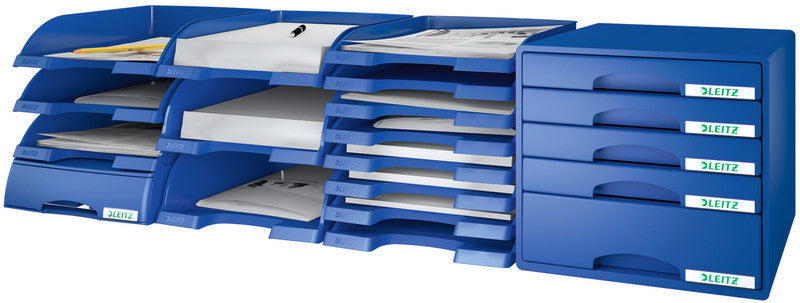 Leitz Stapelbarer Briefkorb mit Griffausschnitt, Beschriftungsfeld, matt, blau, B 255 × H 70 × T 357 mm