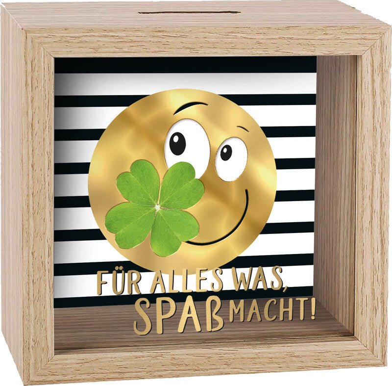 Kurt Eulzer Spardose Für alles, was Spass macht, Holz, natur, 11 × 11 × 2 cm