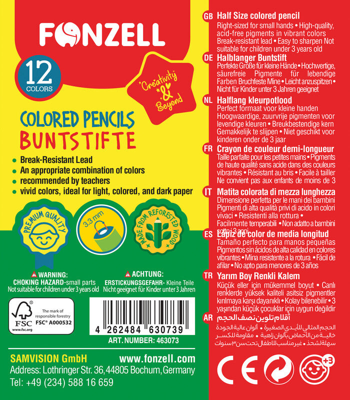 Fonzell Mini Farbstifte-Set – 12 Farben, rund, Mine Ø 3,3 mm, Kartonetui